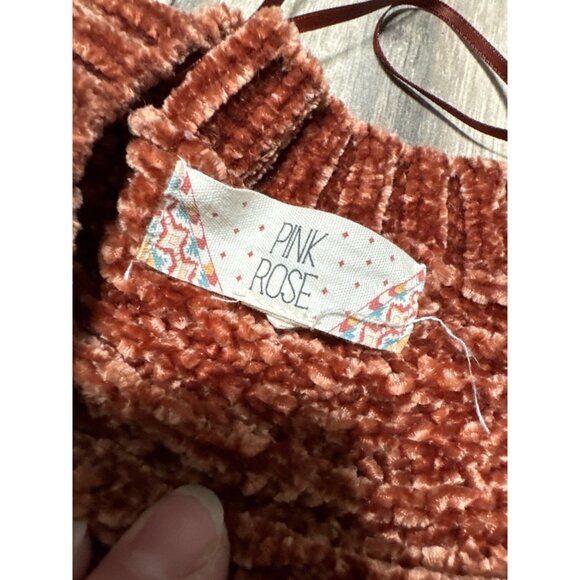 Pink Rose Chenille Sweater L Rust Cable Knit Crew Neck READ Comphy Fall Cozy - Picture 3 of 8